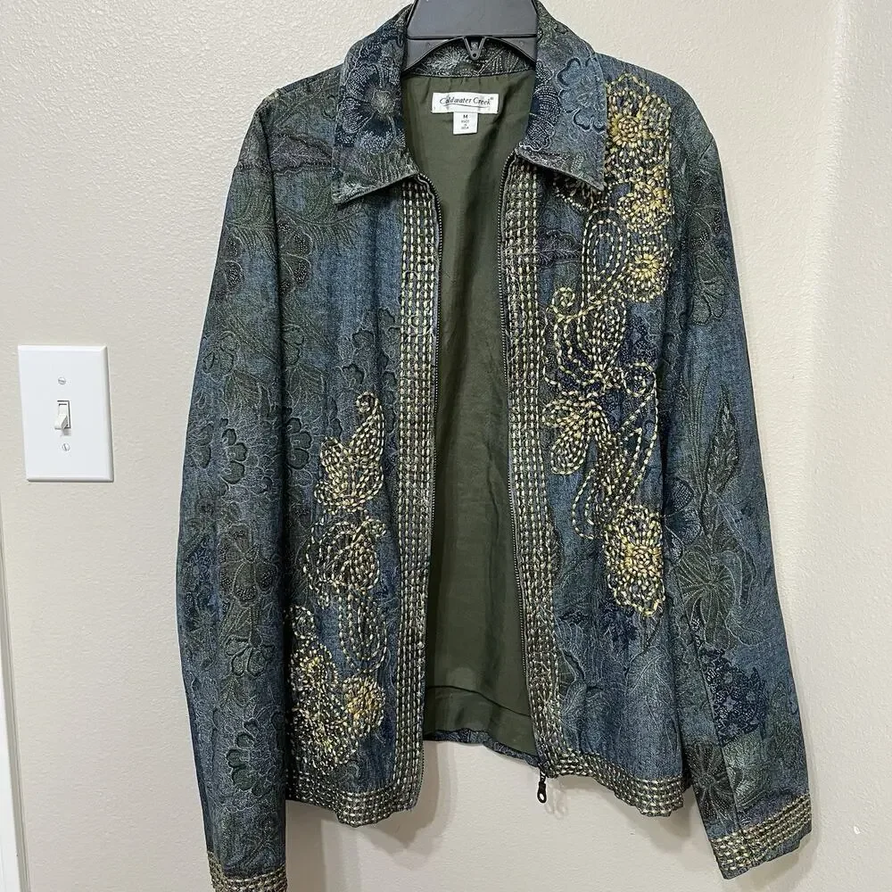 Coldwater Creek Women's‎ Lined Jacket Sz Medium Denim Floral Top Stitching Zip